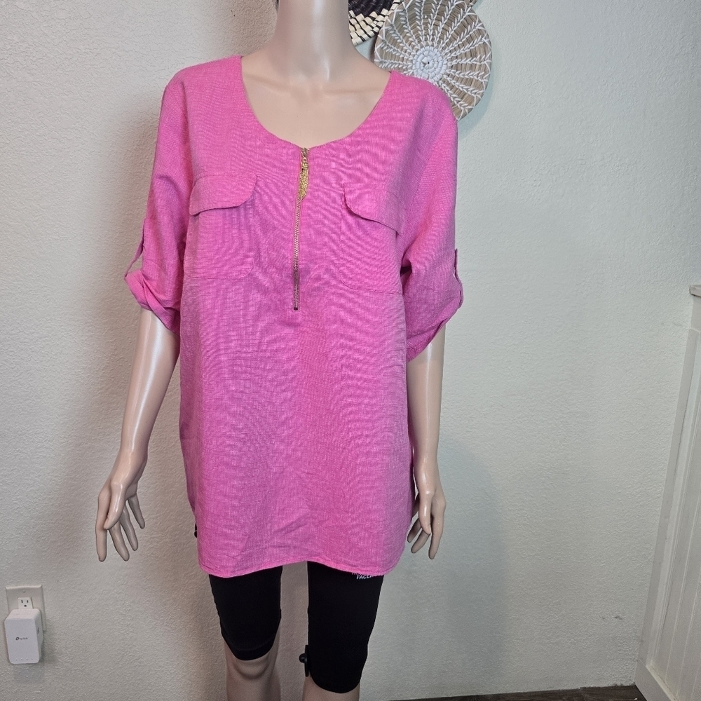 Ellen Tracy Company Blouse Linen Blend Xl  Zip Neck Peony Pink Roll tab Tunic